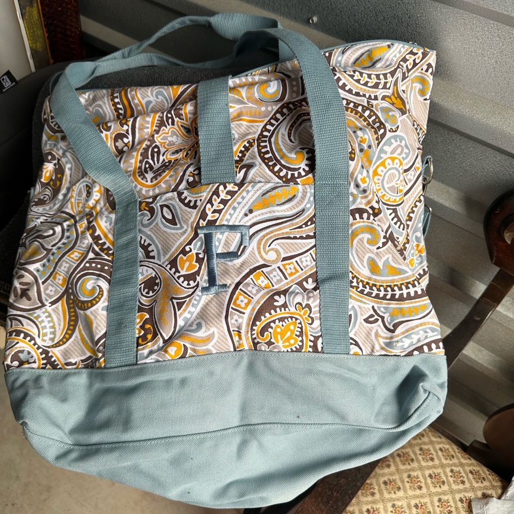 Thirty One Paisley Patterned Tote Bag with Blue Accents initial F